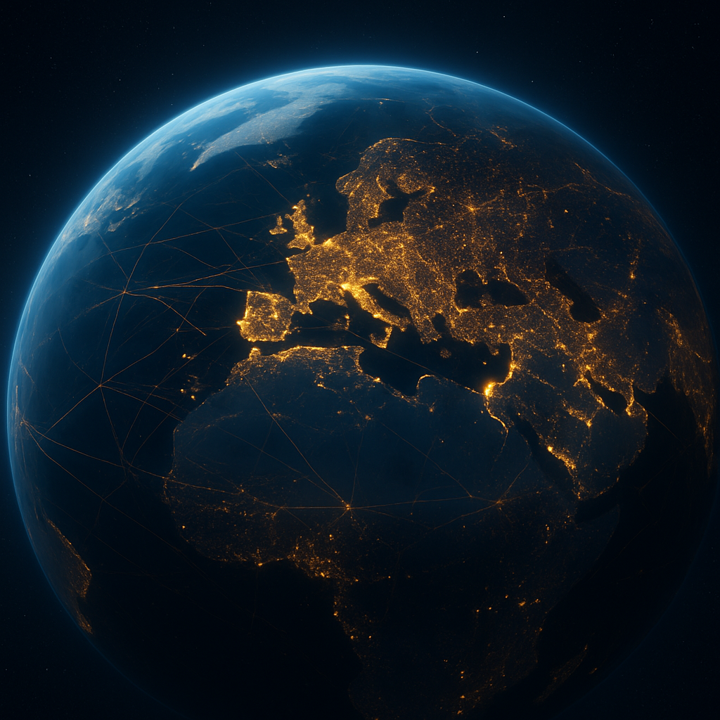 Il pianeta Terra di notte con le reti di luci che collegano i continenti